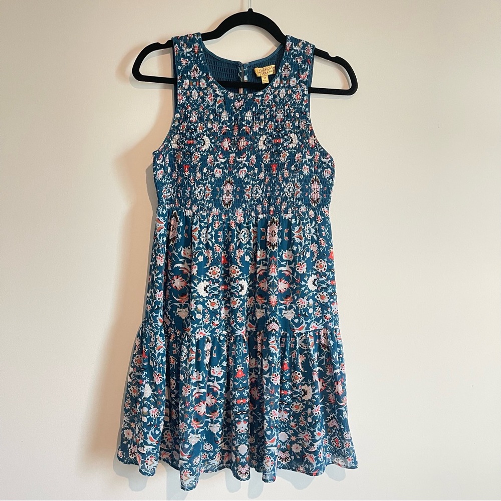 Junior Women’s Smocked Teal Floral Sleeveless Chiffon Knee Length Dress size M